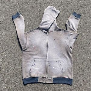 Sudaderas con capucha unisex personalizadas con cremallera, chaqueta corta de felpa francesa, sudaderas lisas con doble cremallera, estilo vintage, lavado ácido, efecto desgastado - Product Image 4