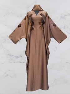 2026 Brown Solid Breathable V Neck <b>Abaya</b> Women Modest Ankle Length Long Sleeve Polyester Middle East Style Daily Wear <b>Wedding</b> - Product Image 1