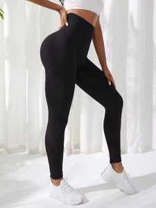 Leggings de yoga taille haute pleine longueur, couleur unie, sans couture, en Spandex et Nylon, avec taille élastique - Product Image 3