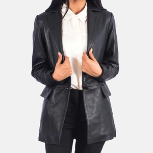 Blazer en cuir véritable pour femme, double boutonnage, manches longues, col ouvert, couleur unie, longueur normale, automne - Product Image 2