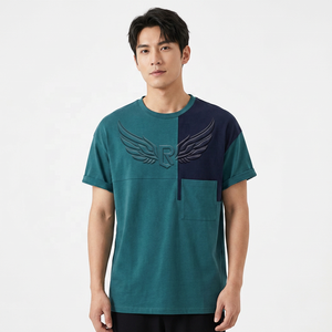 T-shirt décontracté pour homme à manches courtes en tricot color-block, col rond, coupe classique, 100% coton, imprimé bleu sarcelle et bleu marine - Product Image 5
