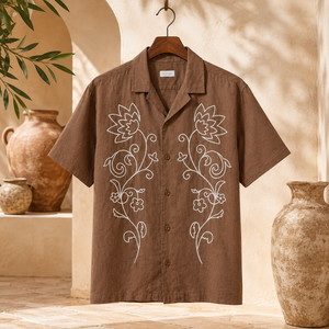 Luxury Men's Brown Floral Embroidered Cotton <b>Shirt</b> <b>Half</b> Sleeve Casual Resort Wear <b>Shirt</b> for Men - Product Image 4