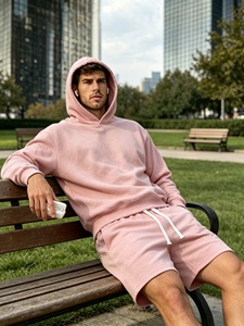 Men's Pink Hoodie And Sweatpants Set Solid Color Casual Wear Autumn Cotton <b>French</b> Terry Matching <b>Outfit</b> - Product Image 4