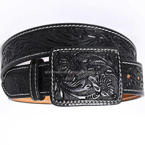 Cinturón de herramientas de cuero occidental tallado a mano con estampado floral negro para hombres con costuras blancas elegantes y hebilla floral negra a juego - Product Image 6