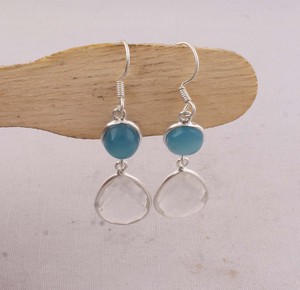 Boucles d'oreilles pendantes en calcédoine bleue naturelle et quartz cristal, argent sterling 925, facettées, multi-pierres, faites à la main, vente en gros - Product Image 5