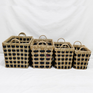 Paniers de rangement en jonc de mer rectangulaires style rustique avec poignées, motif à carreaux noir naturel pour l'organisation de la buanderie - Product Image 2