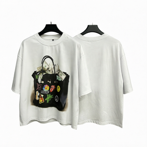 T-shirt blanc surdimensionné pour homme avec imprimé sac noir et argent, manches courtes, col rond, en jersey de coton, style décontracté - Product Image 1
