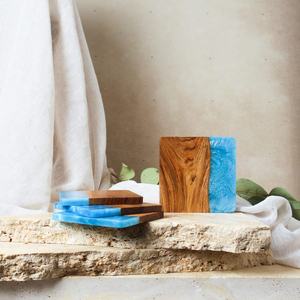 Trading Design Bleu Couleur Résine Époxy Bois Joined Coaster Ensembles Tapis Élégants Meilleure Qualité Tendance Résine Coaster - Product Image 1