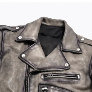 Custom Men's <b>Vintage</b> Washed Cowhide <b>Biker</b> <b>Jacket</b> Asymmetric Pockets Turn-Down Collar Oversized Retro Motorcycle Leather Coat - Product Image 4