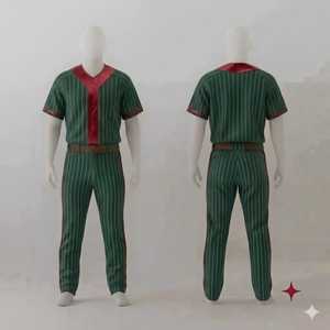 Custom Men's <b>Baseball</b> Uniform Set Green Striped Jersey Pants V-Neck Short Sleeve Breathable Regular Fit All Seasons - Product Image 1