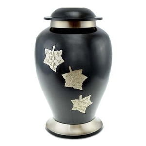 Elegant Matte Black Cremation Urn with <b>Silver</b> Engraved Leaves – Handcrafted Aluminium Funeral Urn for Adult Human Ashes - Product Image 1