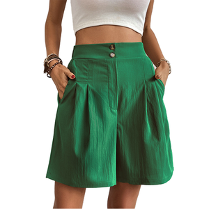 Jupe-short taille haute unie pour femme, coupe ample, style décontracté, en tissu Oxford de coton respirant, avec fermeture boutonnée - Product Image 2
