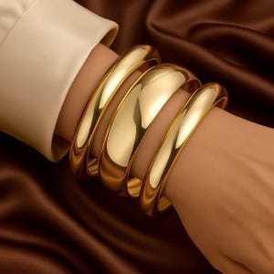 Gold Tone Brass Chunky Bangle Set Smooth Polished Statement Bangles Minimal Thick Stackable Fashion Jewelry - Product Image 3