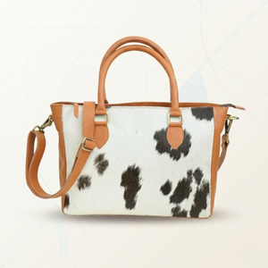 Genuine Cowhide Leather Satchel <b>Bag</b> | Black & <b>White</b> Hair-On Western Handbag for Women, Premium Leather Shoulder & Crossbody <b>Bag</b> - Product Image 1