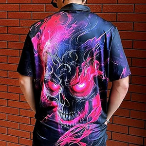 Polo de bowling noir avec motif crâne et drapeau américain, manches courtes, tissu performant, tenue décontractée athlétique pour équipe - Product Image 5