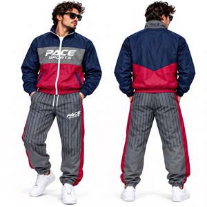 mens <b>navy</b> grey red jacket and pant set full zip windbreaker jacket pinstripe track pant colorblock warm up training suit <b>tops</b> - Product Image 1
