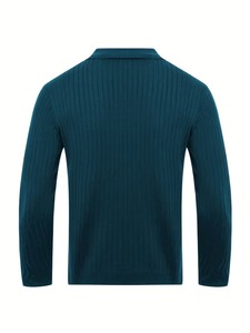 Polo de Punto Acanalado de Manga Larga para Hombre, Alta Elasticidad, Corte Ajustado, Color Sólido, Cuello con Solapa sin Botones, Texturizado, Ropa Casual para Hombre - Product Image 6