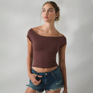 Women's Boat Neck Baby Tee Cotton Spandex Fitted <b>Cap</b> <b>Sleeve</b> Crop <b>Top</b> Raw Edge Y2k Streetwear Boutique Fashion T Shirt Wholesale - Product Image 1
