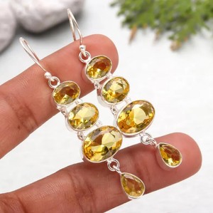 Pendientes colgantes de citrino natural, pendientes largos de moda con múltiples piedras preciosas para mujer, alambre para las orejas, chapado en plata de ley 925. - Product Image 5