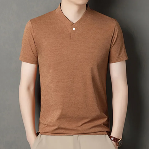 Camiseta de Verano 2026 Estilo Coreano para Hombre, Formal, Elegante, con Cuello en V, Tejida, 100% Algodón, Manga Corta, Versátil - Product Image 1