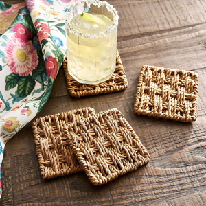 Thick rustic woven seagrass square <b>coasters</b> <b>for</b> coffee tables and <b>drink</b> protection, available at wholesale prices. - Product Image 1