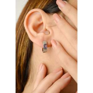 14K Gold Huggie Hoop Earrings with Natural Blue Sapphire and Diamond Cluster - Product Image 4