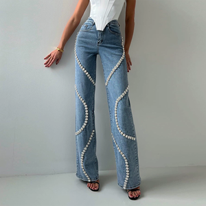 Pantalon en jean taille haute à jambe large, bleu délavé moyen, orné de perles, coupe ample, longueur intégrale, en coton, style décontracté, fermeture boutonnée - Product Image 5