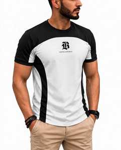 T-shirt décontracté pour homme en coton 100% respirant, à manches courtes, col rond, avec blocs de couleur noir et blanc, tricoté à l'avant - Product Image 4