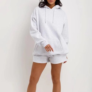 Ensemble 2 pièces confortable et ample pour femme, sweat à capuche et short au-dessus du genou, 100% coton, vêtements décontractés, ensemble sweat à capuche et short 2 pièces - Product Image 1