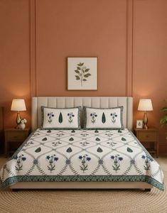 Drap de lit king size en coton de haute qualité, imprimé au bloc Sanganeri, avec 2 taies d'oreiller réversibles, au meilleur prix abordable - Product Image 1