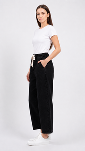 Women's Casual Fashion Relaxed Fit Draw <b>String</b> Denim <b>Black</b> Pants Breathable Knitted Fabric Functional Pocket Styling Available - Product Image 2