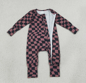 Monos convertibles con cremallera bidireccional para bebés, color marrón y negro, con estampado de tablero de ajedrez, para otoño - Product Image 3