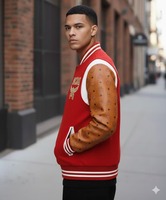 Blouson bomber rouge en laine et cuir pour homme, blouson varsity de créateur