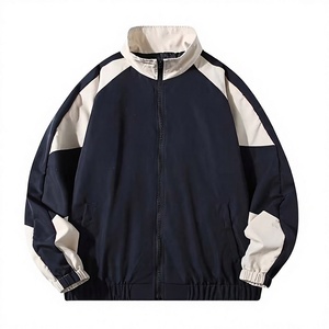 Men's Navy Color Blocking <b>Racer</b> <b>Jacket</b> Stand Collar Zipper Closure Breathable Polyester Autumn Sporty Style - Product Image 1