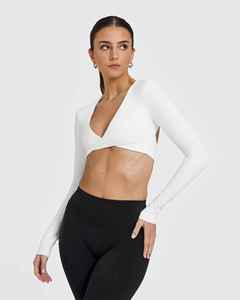 Top Corto de Cuello Alto Blanco para Mujer, Sin Costuras, Transpirable, Ligero, Elástico en Cuatro Direcciones, Ropa Deportiva, Color Sólido, Ajustado - Product Image 5