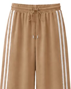 Manufacturer Custom Khaki Wide Leg Track Pants With White <b>Side</b> Stripes Women Casual Loose Fit Elastic Waist Streetwear Bottoms - Product Image 5