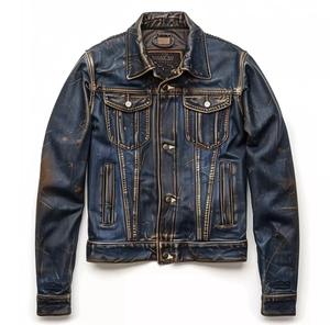 Veste en cuir de camionneur sur mesure en gros pour hommes, en véritable peau d'agneau, style vintage, bleue, imperméable, respirante et coupe-vent - Product Image 1