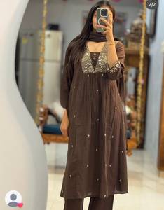 Women's Luxury Ethnic Chiffon Cotton Anarkali Gown Set with Embroidered Kurti and Dupatta for <b>Wedding</b> & Party Occasions - Product Image 2