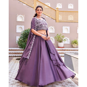 Lehenga Choli de Seda Rangoli Pura de Lujo con Dupatta Estilo Shrug, Bordado con Cuentas Moti y Lentejuelas, para Bodas y Fiestas - Product Image 1