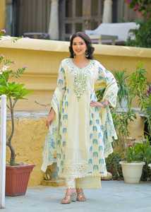 Ensemble de costume trois pièces en coton de luxe avec kurta imprimé, pantalon palazzo et dupatta doux pour femmes - Product Image 3