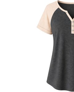 T-shirt Henley à manches courtes pour femme, gris anthracite beige, en coton doux, coupe décontractée, respirant, idéal pour l'été et le quotidien - Product Image 3