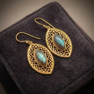 Boucles d'oreilles en laiton avec pierre précieuse labradorite, vente en gros, bijoux faits à la main de style bohème pour femmes - Product Image 4