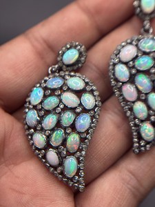 Ethiopian Opal Diamond Earring Pave Diamond Earrings 925 Sterling Silver Handmade <b>Oxidized</b> Dongle Diamond Earring Gift For Her - Product Image 4