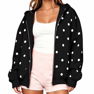 Sweat-shirt à capuche oversize en molleton de coton imprimé à pois marron pour femme, style décontracté et preppy, vente en gros - Product Image 2