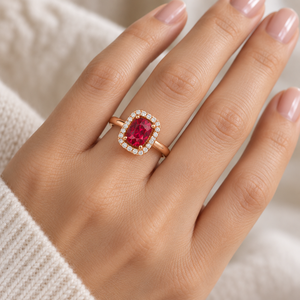 Anillo de Compromiso Clásico con Halo de Gemas Rojas, Oro Amarillo de 14K, Diamante Cultivado en Laboratorio, Joyería Personalizada OEM - Product Image 3