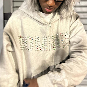 MICHI Sweat à capuche d'hiver pour homme, coupe classique, 100% coton, avec fermeture éclair et strass en cristal, délavage vintage, effet soleil éclairé, grammage lourd 400 g/m² - Product Image 5