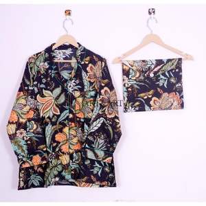 Conjunto de pijama de algodón con estampado floral para mujer, conjunto ligero de ropa para estar en casa, pijamas con estampado a mano, conjunto de ropa de dormir para mujer - Product Image 2