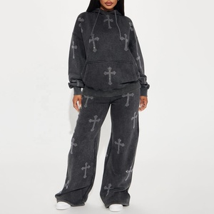 Conjunto de Sudadera Oversize con Efecto Ácido y Pantalones Anchos para Mujer, con Estampado de Cruz de Pedrería, Chándal de 2 Piezas - Product Image 1