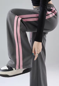 Pantalon de survêtement gris à jambes larges Hardhoodi Interation avec bandes latérales roses, taille élastique, style sportif, pour toutes les saisons - Product Image 6