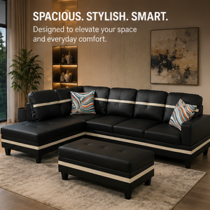 Ensemble de canapés en cuir de luxe de style moderne, sectionnel en L pour chambre à coucher, avec accoudoirs carrés et dossier capitonné, mobilier de salon écologique - Product Image 3